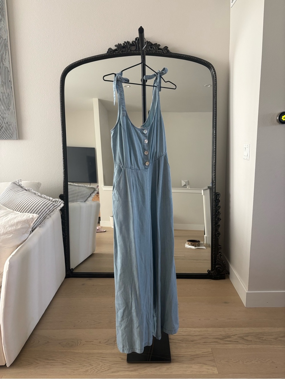 lovestitch Light Blue Button-Front Tie-Shoulder Jumpsuit
